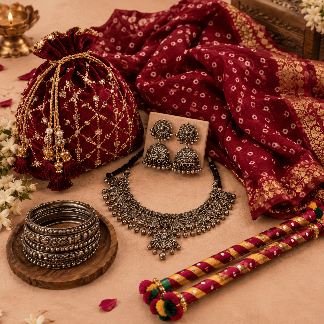Navratri Hamper — Limited Time featuring a potli, bandhani dupatta, oxidised jewellery, bangles and dandiya sticks